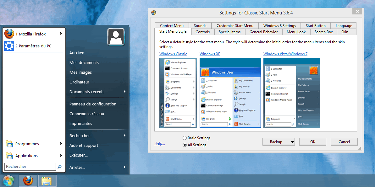 Menu Démarrer Classic Shell sous Windows 8