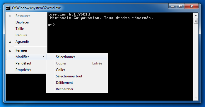 Sélection de texte avec l'Invite de commande de Windows 7