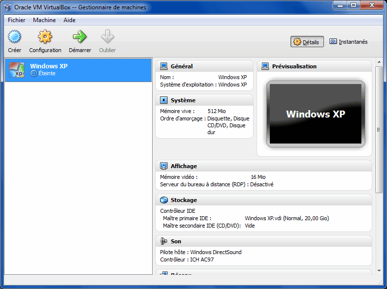 Accueil de VirtualBox avec Windows XP